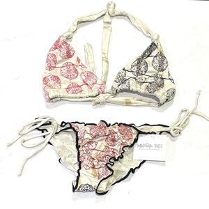 Martha Rey Red Black Owl Print Bikini String Bikini Bottoms Halter Top Medium